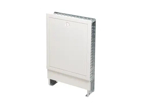 TECE Verteilerschrank in Weiß, rechteckige Form mit verschließbarem Türpanel, montierbar auf dem Boden oder an der Wand, zur Verwendung in Heizungs- oder Sanitärinstallationen.